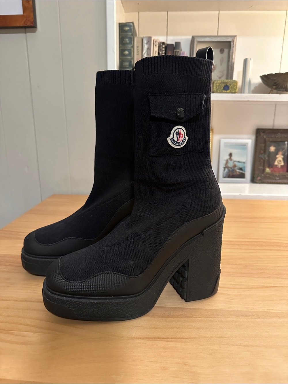 Moncler Splora Pocket Black Sock Bootie Fashion Chunky Block Platform Heel Boots - Picture 2 of 8